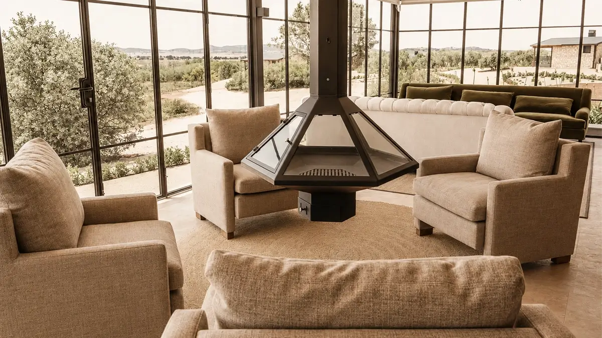 zona comun chimenea sofas